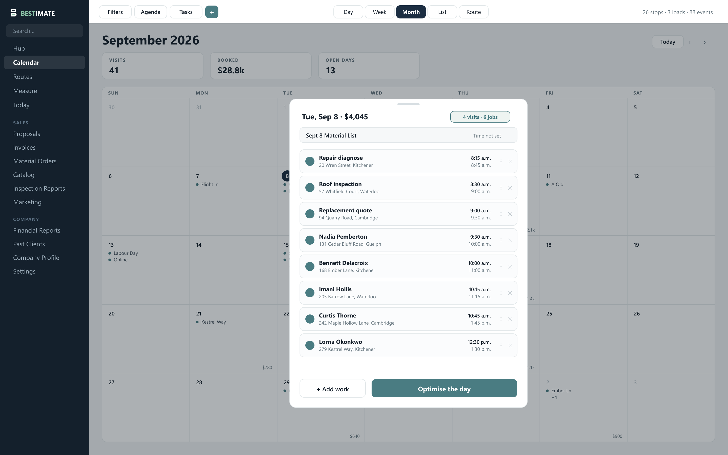 The Bestimate calendar: September on a month grid with each day showing its visits and value, and an open day drawer listing eight stops with their time windows and addresses, above an Optimise the day button.