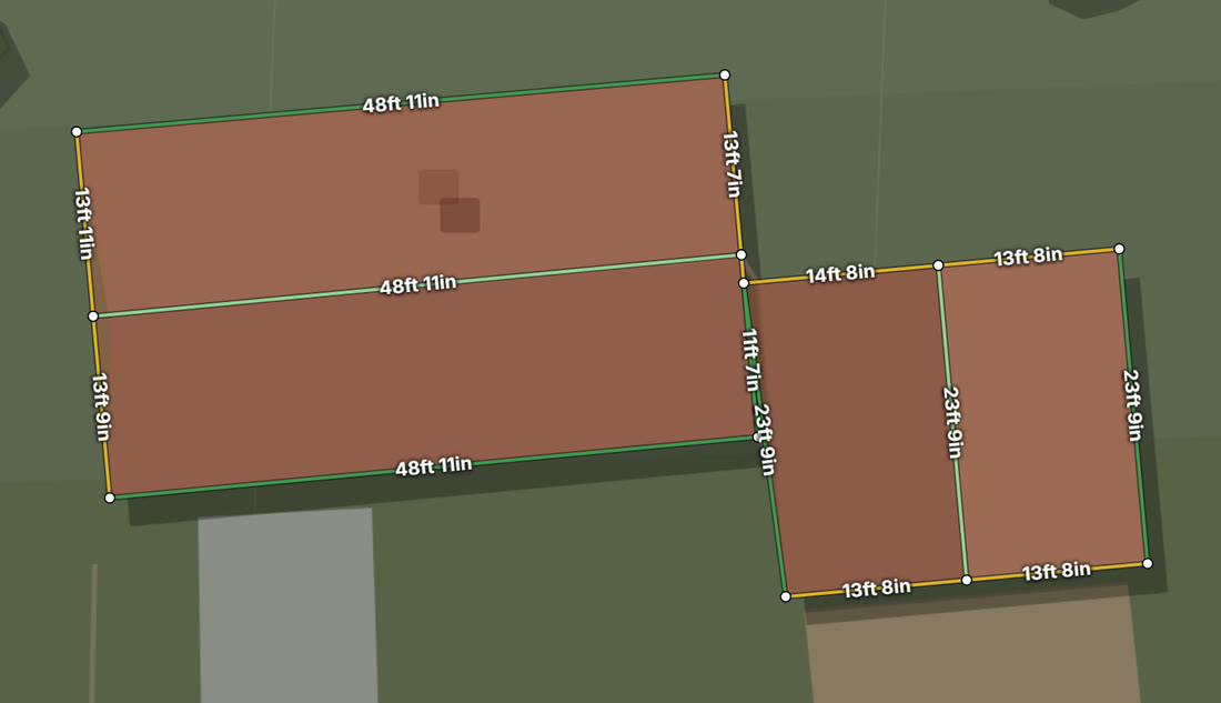 A roof traced in the measure tool on a drawn aerial view: every edge coloured by type and labelled with its length.