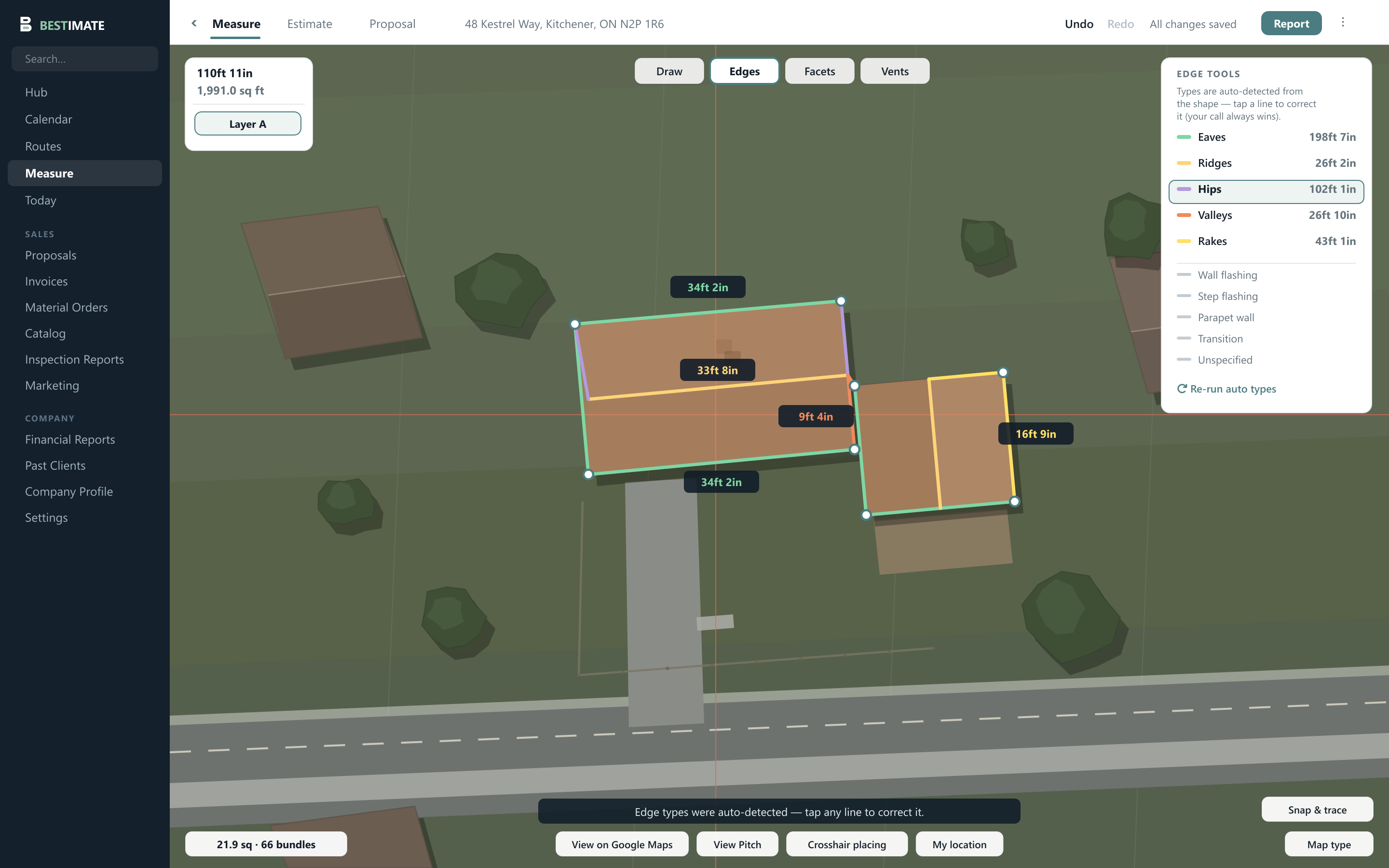 The measure tool: a roof traced on an aerial view with each edge labelled in feet, and a panel totalling 28.4 squares, 2,840 square feet, four facets, a 6/12 pitch, and the eave, rake, ridge, hip, valley and step flashing lengths.